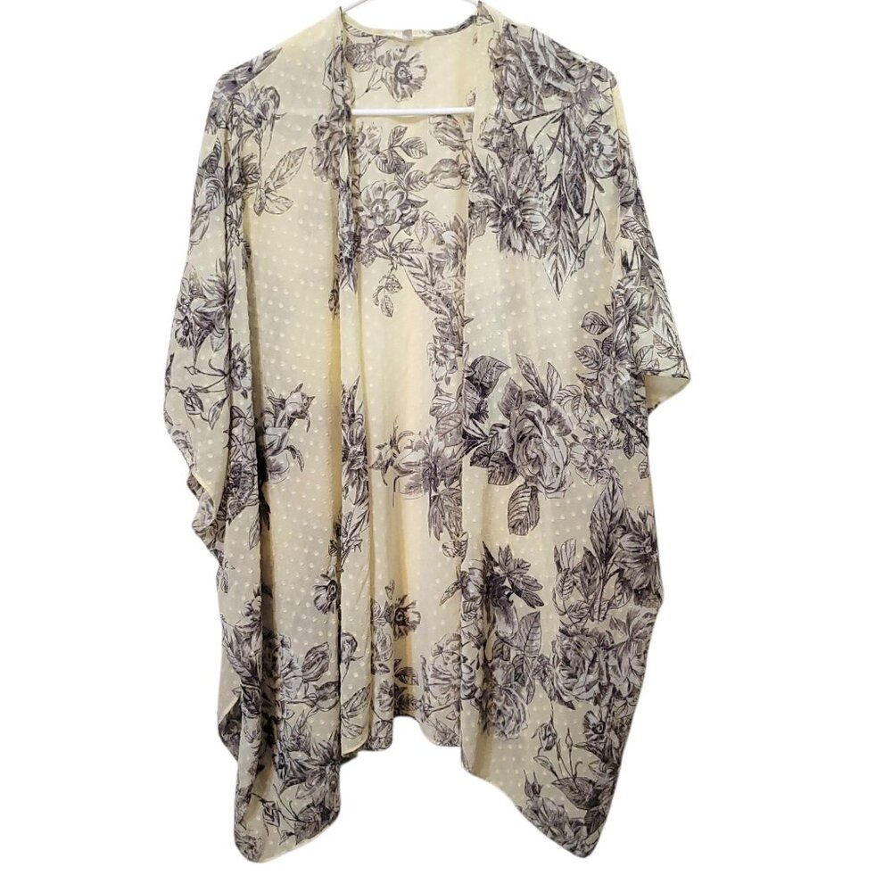 Rose Floral Open Front Kimono Cardigan Cover-Up Sheer Butter Yellow Black Polyes
